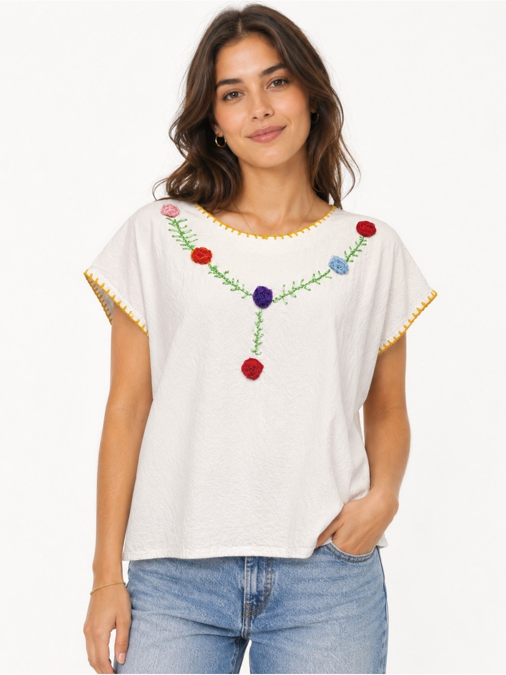 VTG Handmade 3D Pom-Pom Flowers Boho Boxy Blouse Short Sleeve Shirt Peasant Top